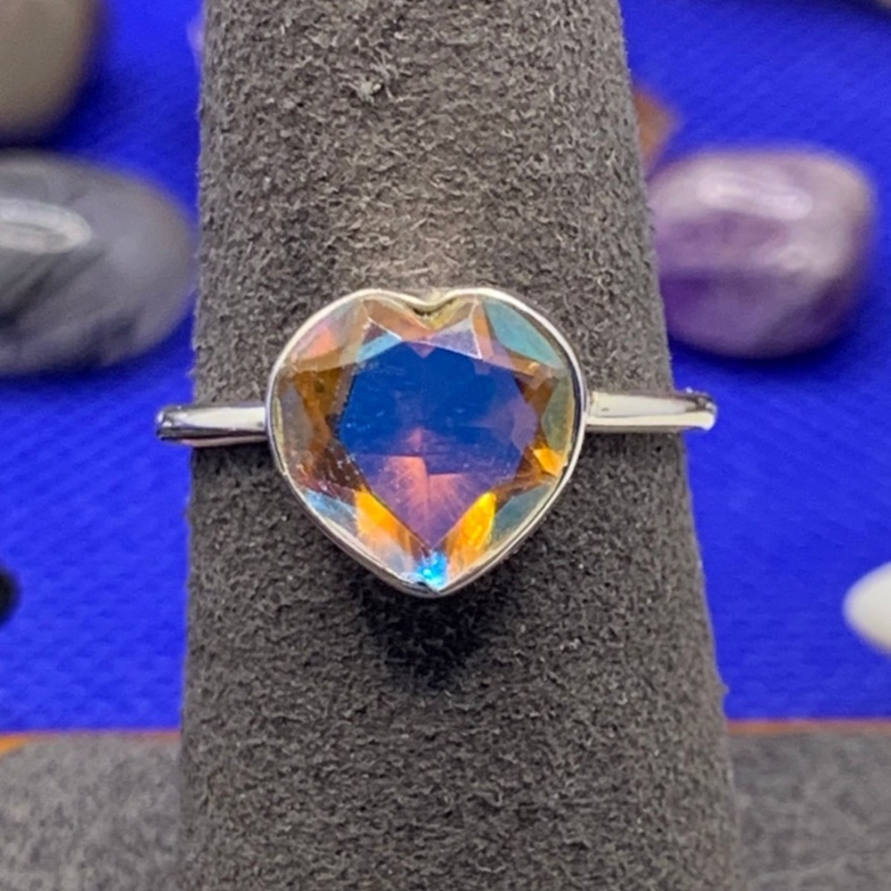 Stunning AB Quartz Heart Ring, .925 Solid Sterling Silver, Handmade in CO, Sz 7